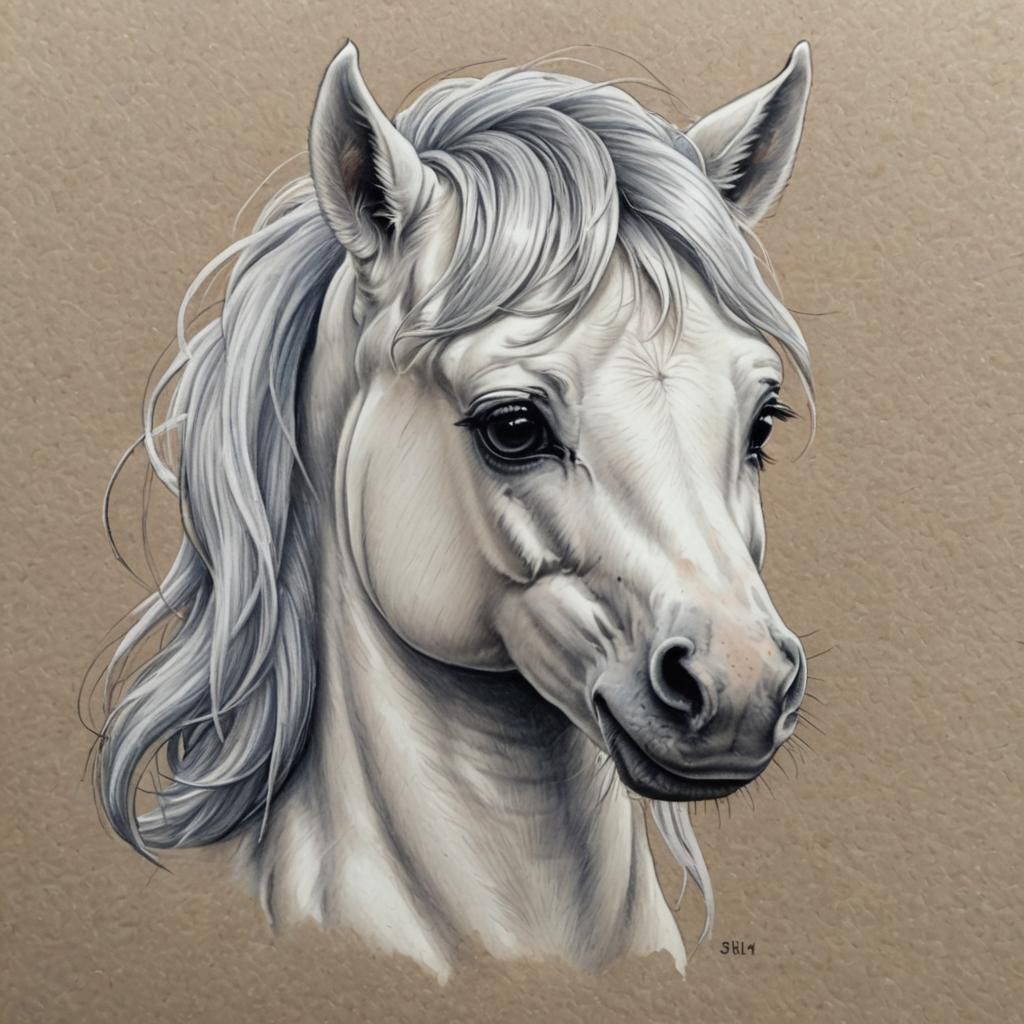 Chibi White Horse in Color Pencil Sketch