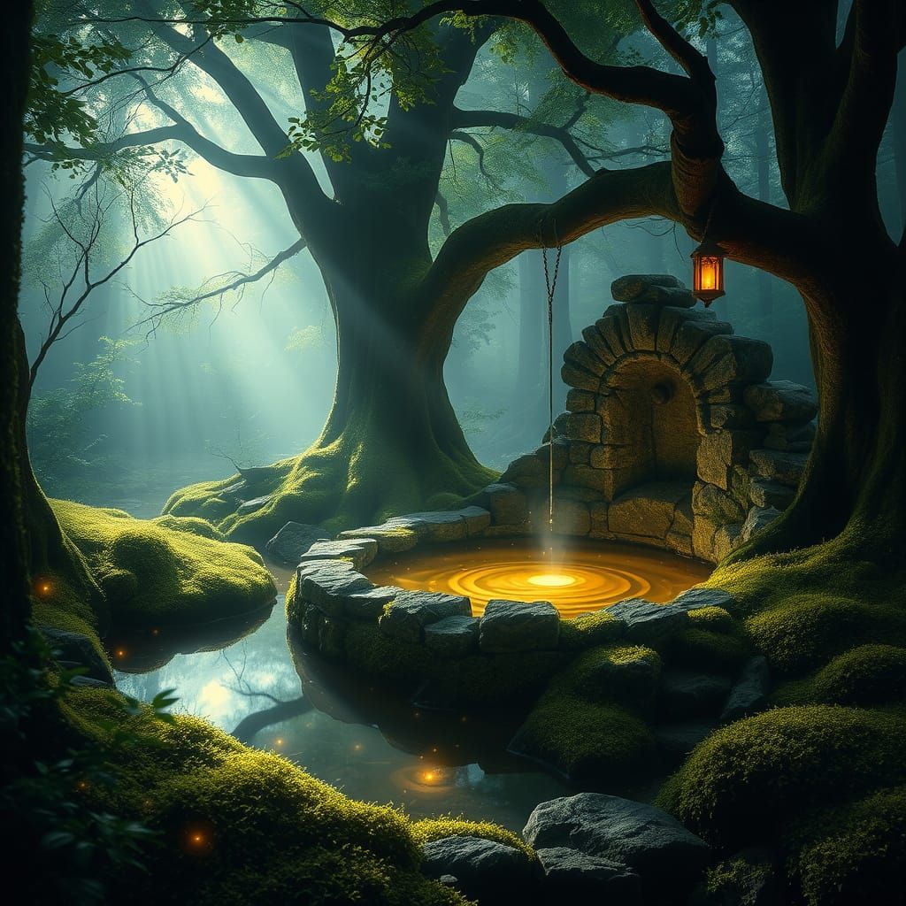 Enchanted Forest Clearing With Mystical Stone Well