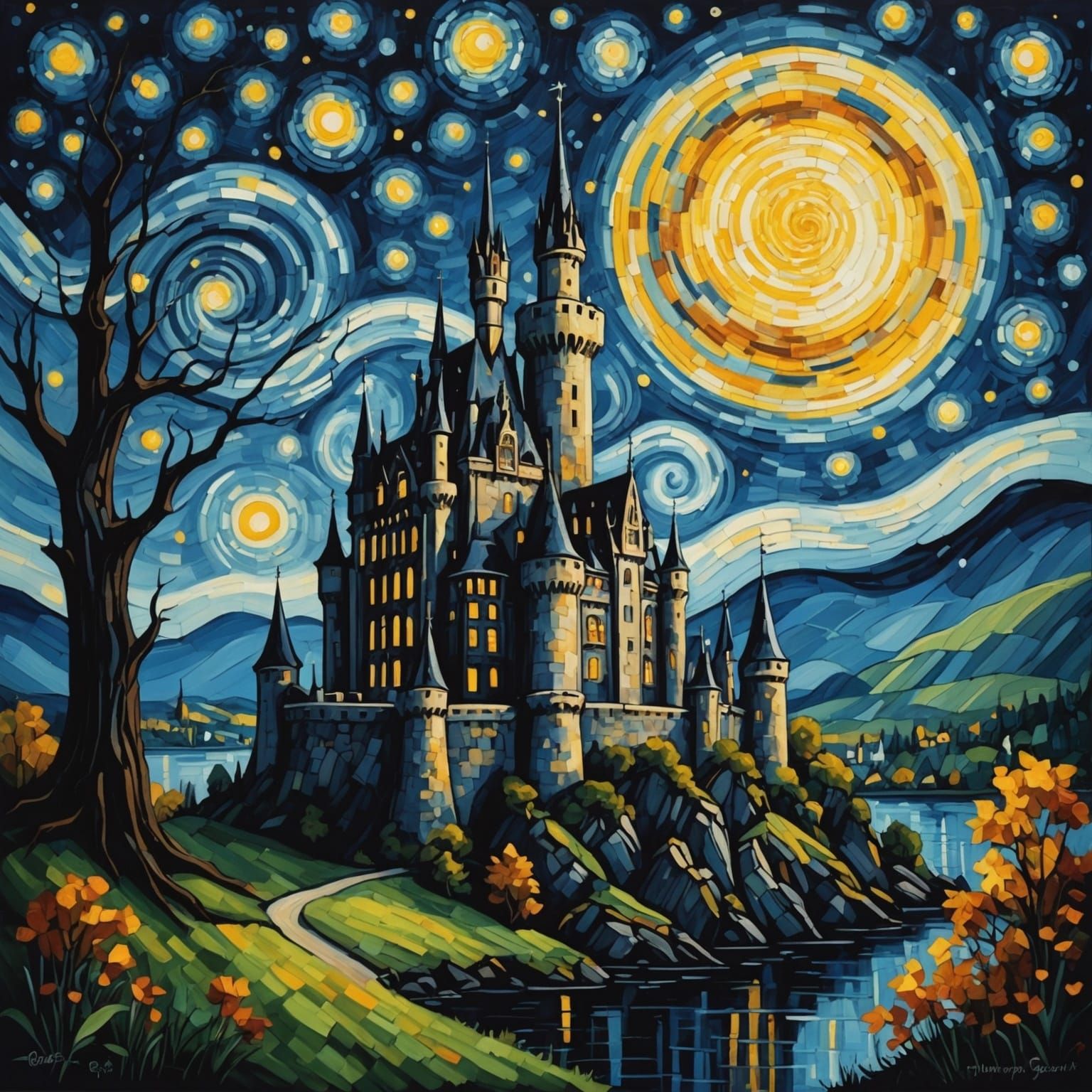 Gothic Castle in Starry Night Style