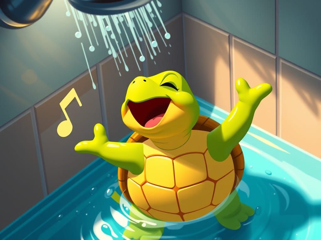 Cartoon Turtle Singing in Shower, Isometric View