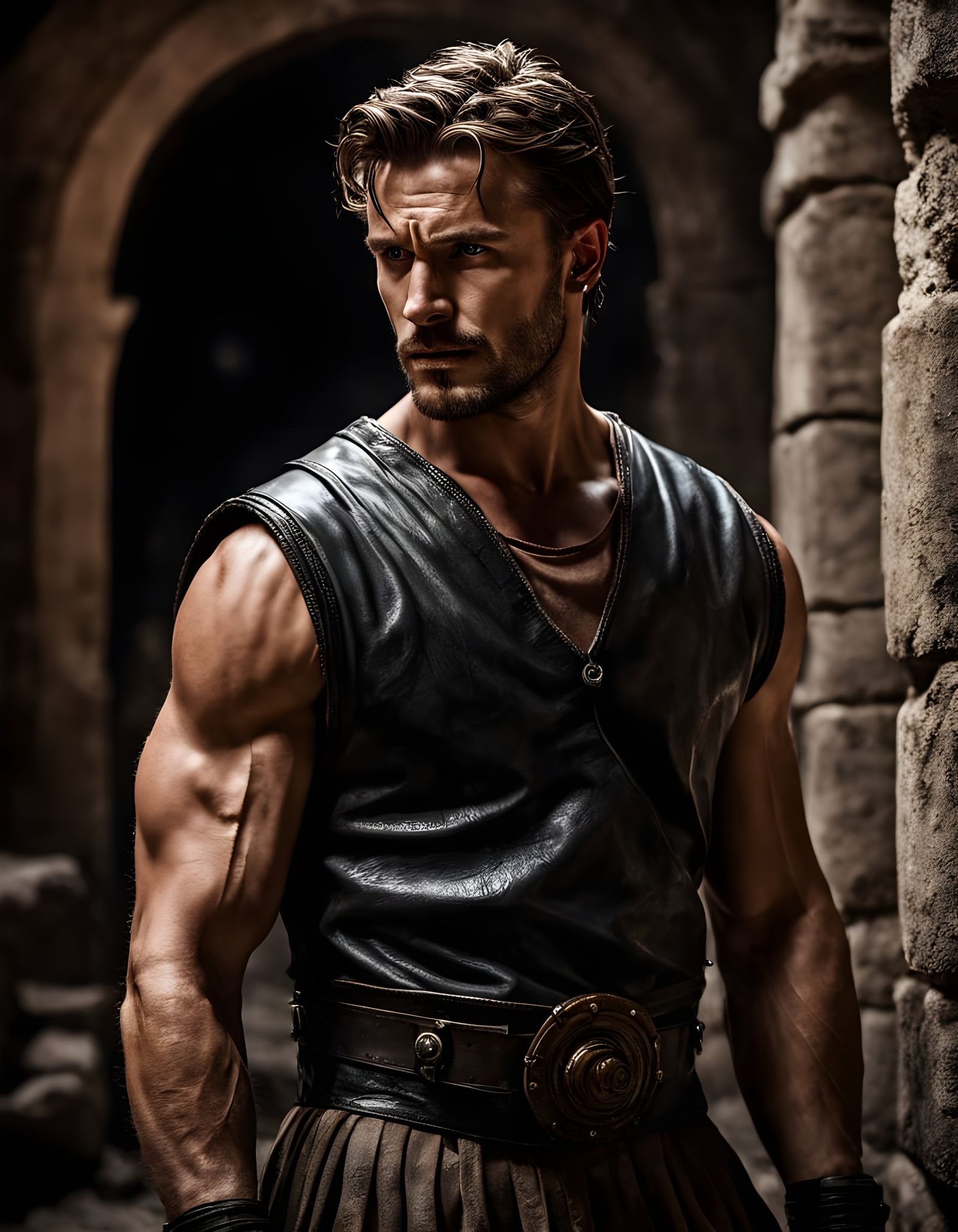 Muscular Gladiator in Ancient Colosseum Setting