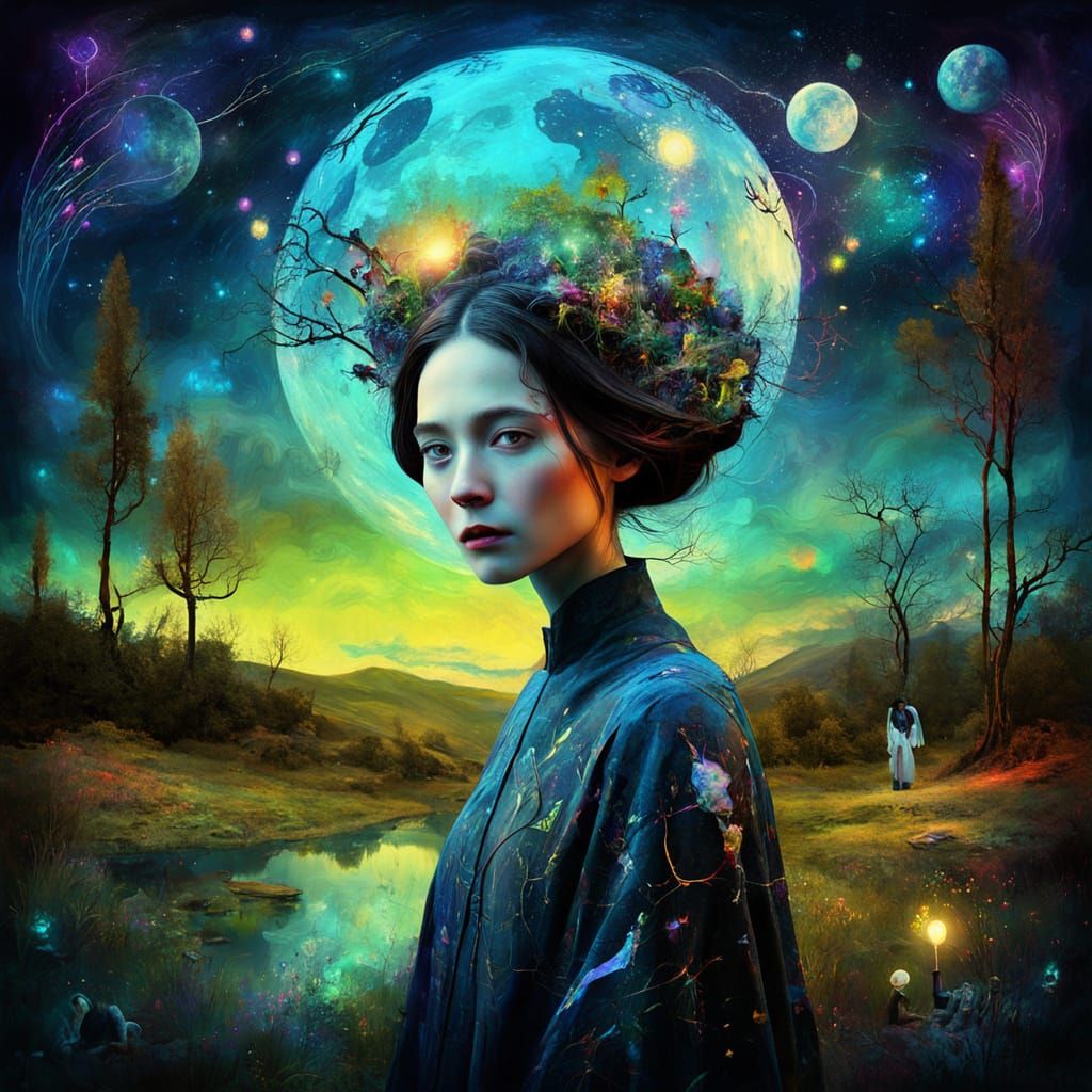 Luminous Dreamer with Celestial Map in Digital Impasto