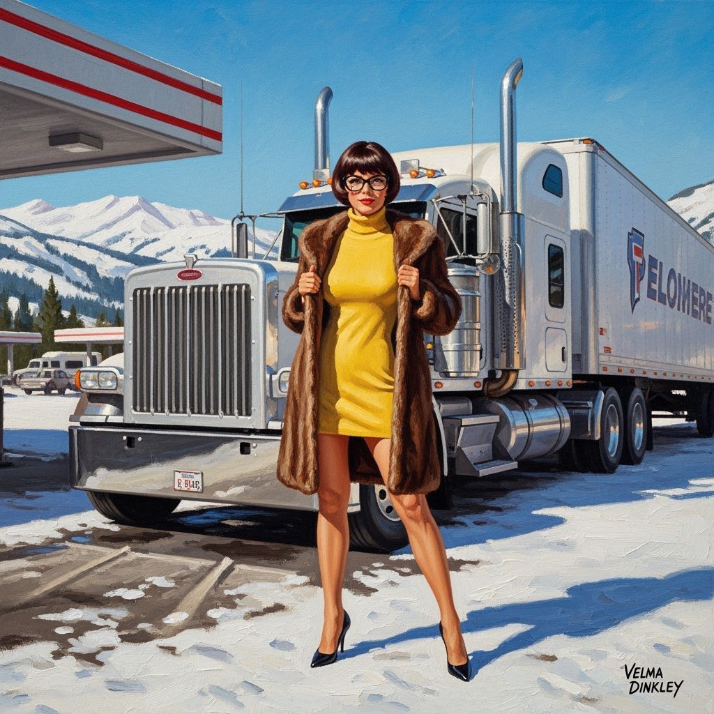 Velma Dinkley Posing with Semi-Truck in Snowy Landscape