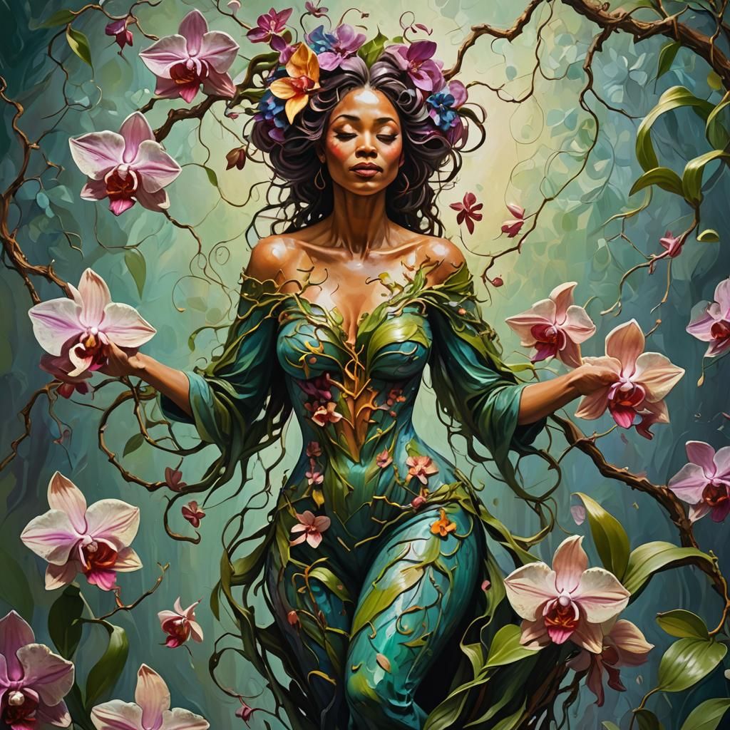 Orchids and Vines Body Art in Impasto Style