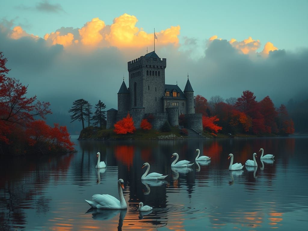 Castle on Lake with Amber Runes and Autumn Reflections