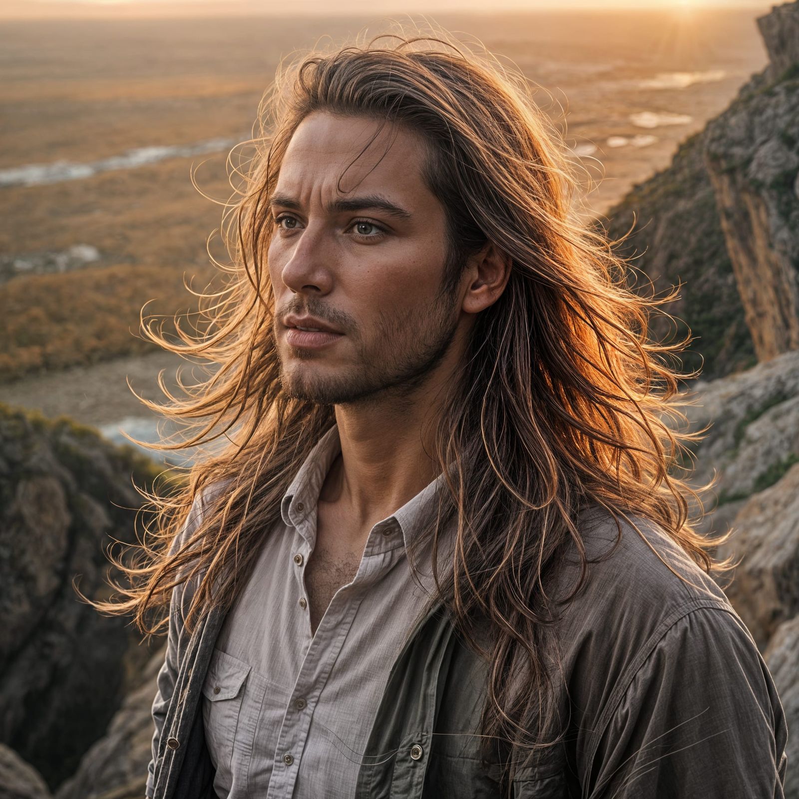 Man on Cliff at Sunset, Hair Blowing