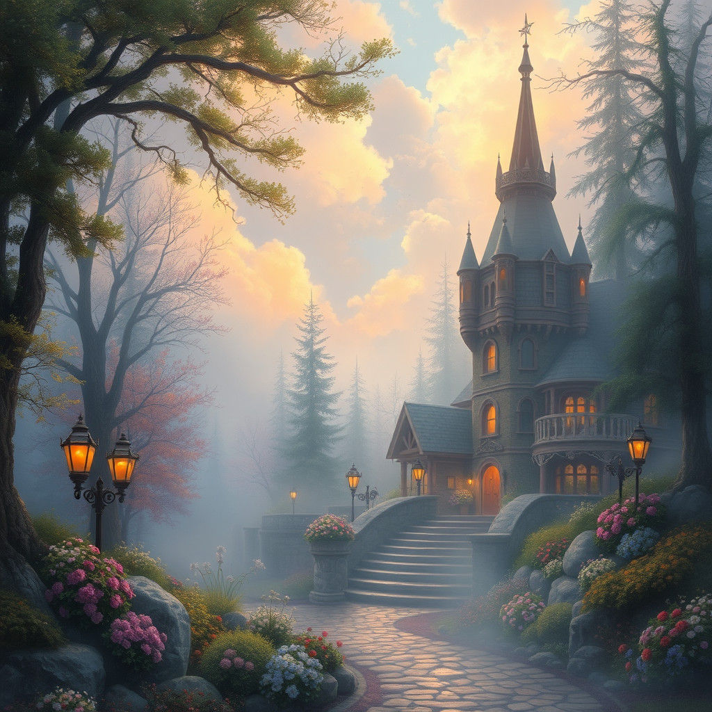Ethereal Fairy Fantasy Landscape in Kinkade Style
