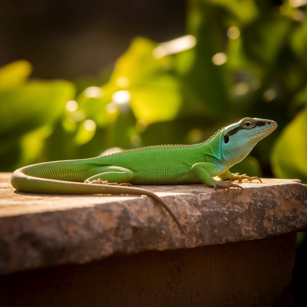 Lizard Basks in Golden Sunlight amidst Lush Green Foliage