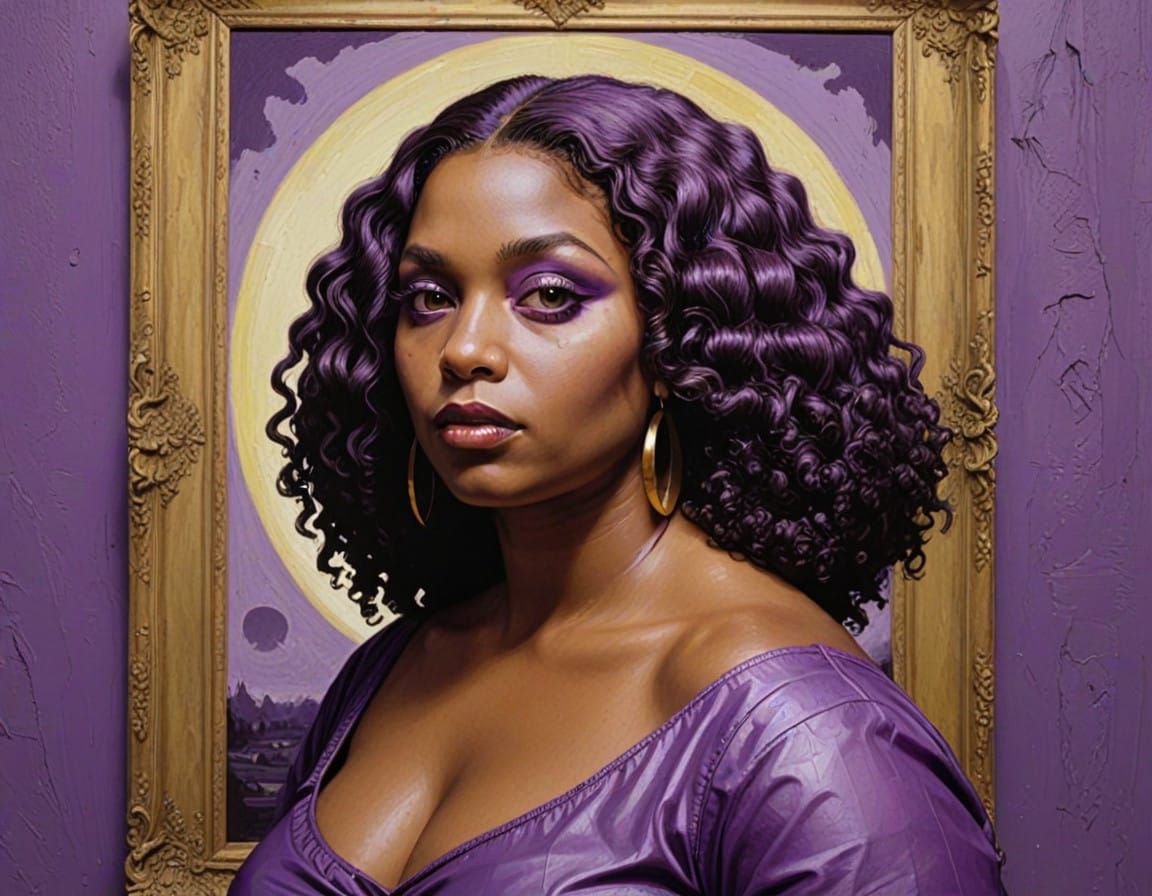 Whimsical Plus-Sized Afrocentric Mona Lisa in Vibrant Purple...