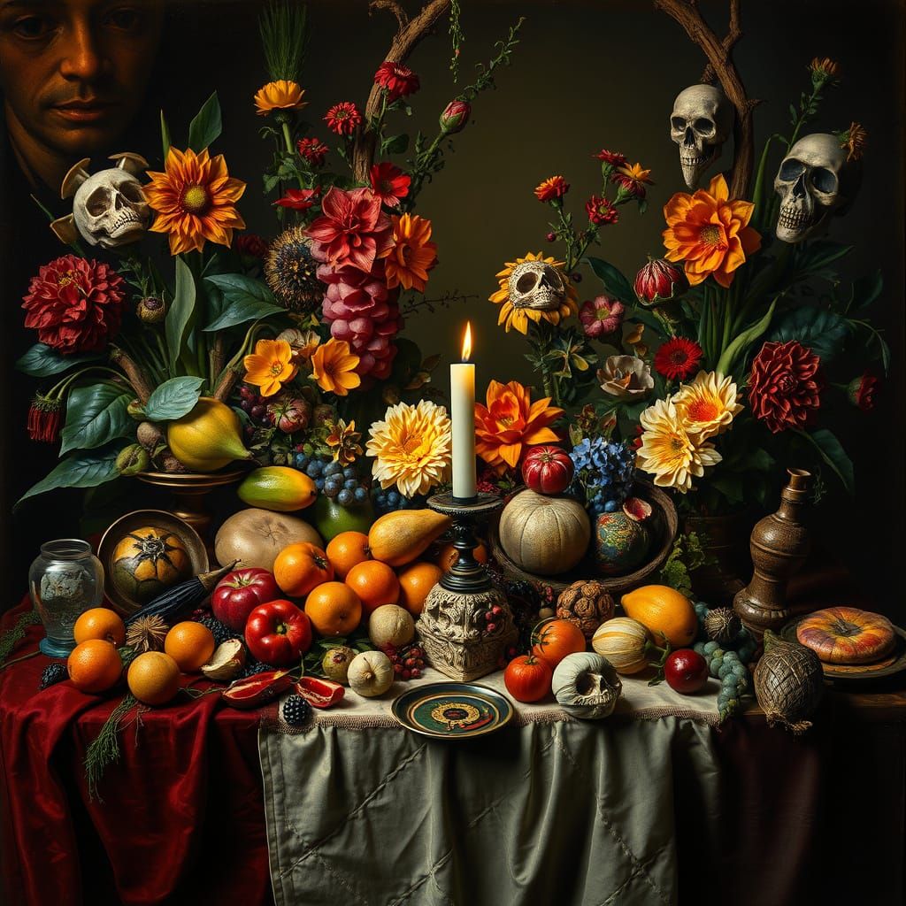 Opulent Still Life with Exotic Fruits and Artifacts