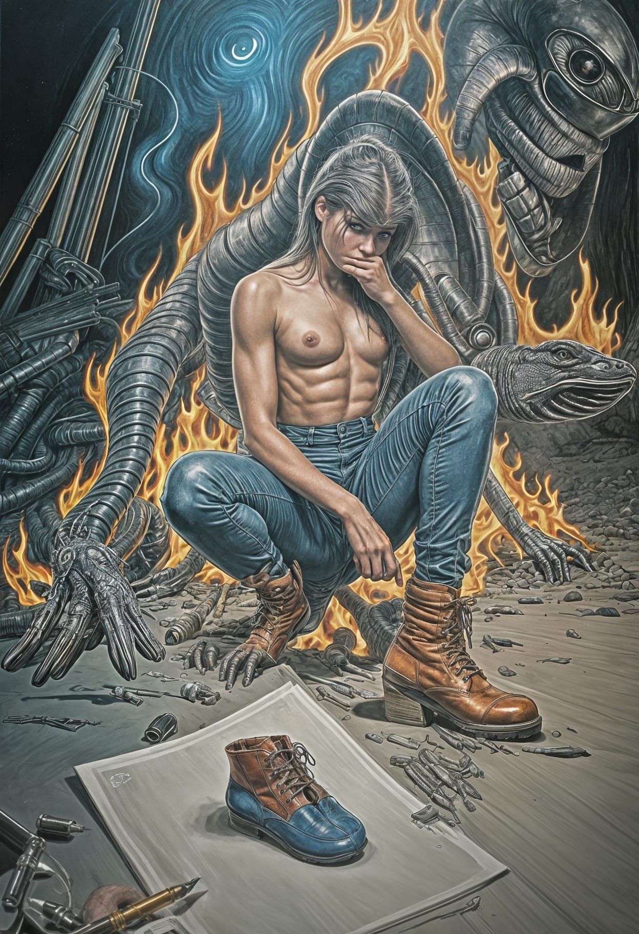 Dark, Whimsical Scene with a Watchful Eye