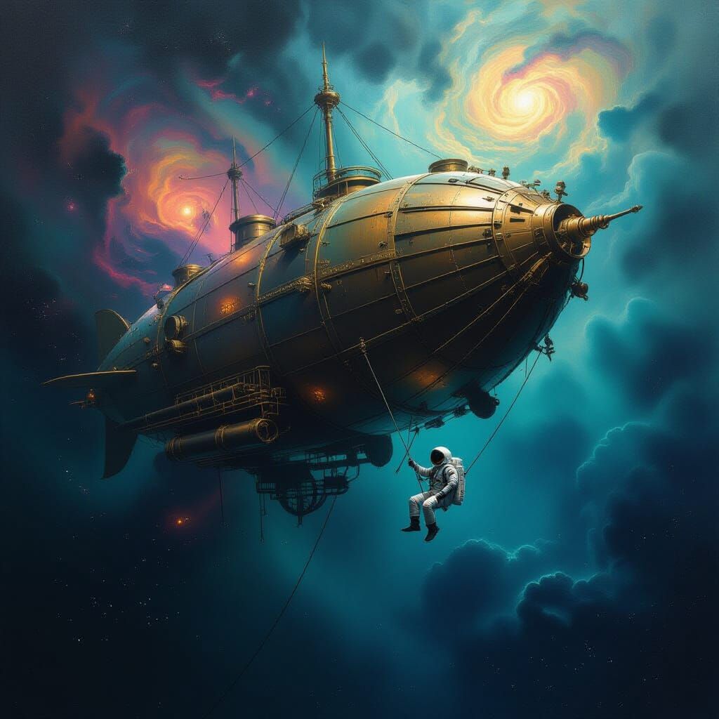 Astronaut Adrift Beside Barnacle-Encrusted Airship in Nebula