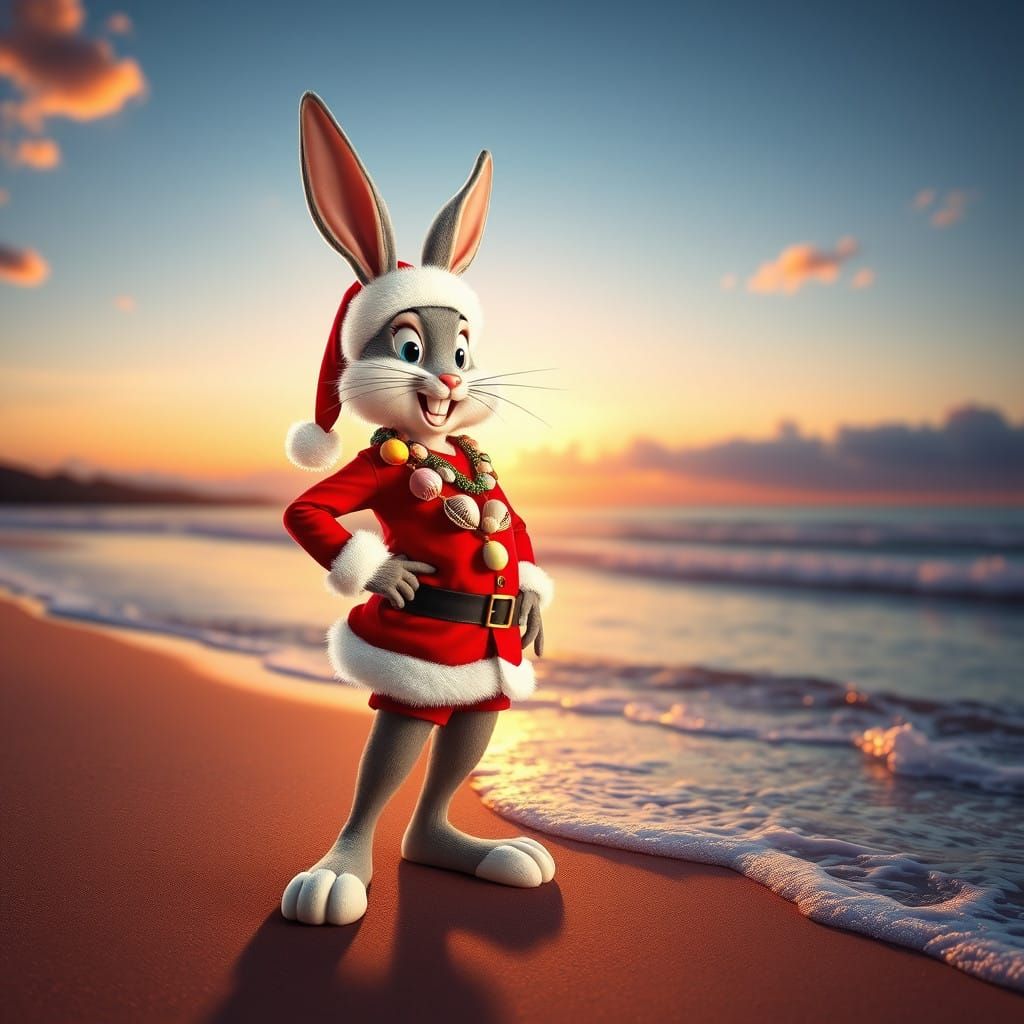 Bugs Bunny in Vibrant Santa Beachwear at Sunset