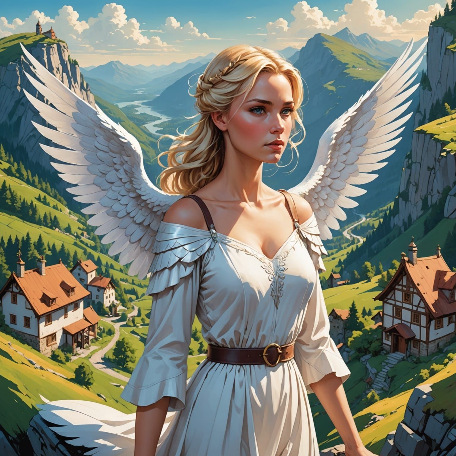 Blonde Angel Overlooking Village, Comic Book Art