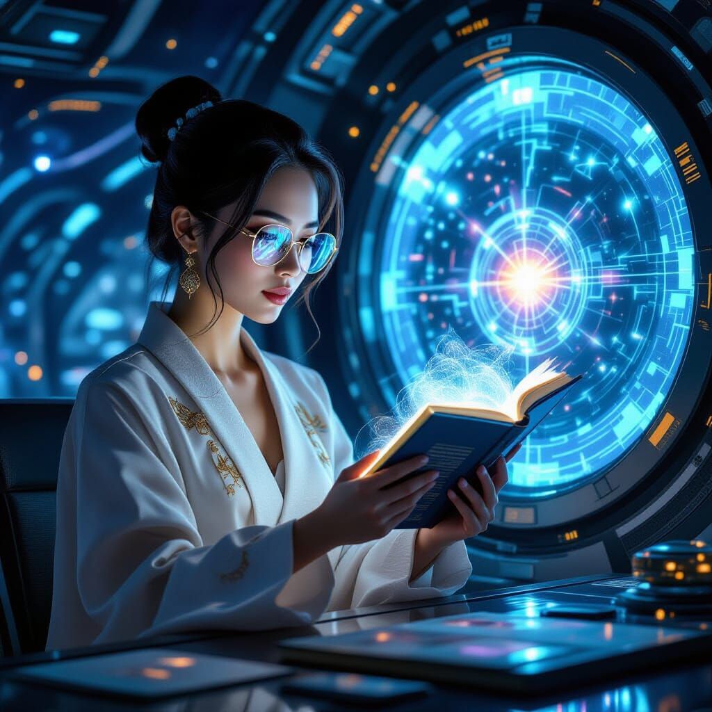 Elegant Asian Woman Reading in Spaceship