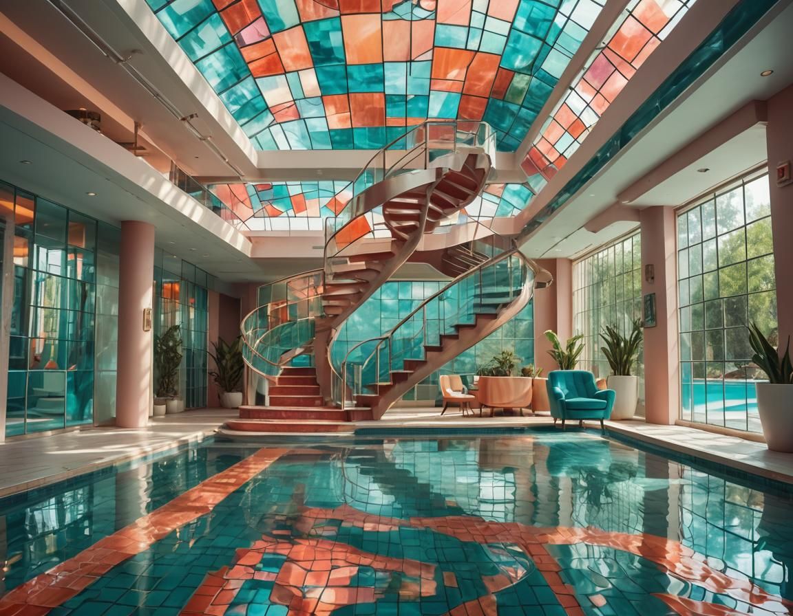 Retro-Futuristic Space Age Pool in Salmon, Teal, and Peach