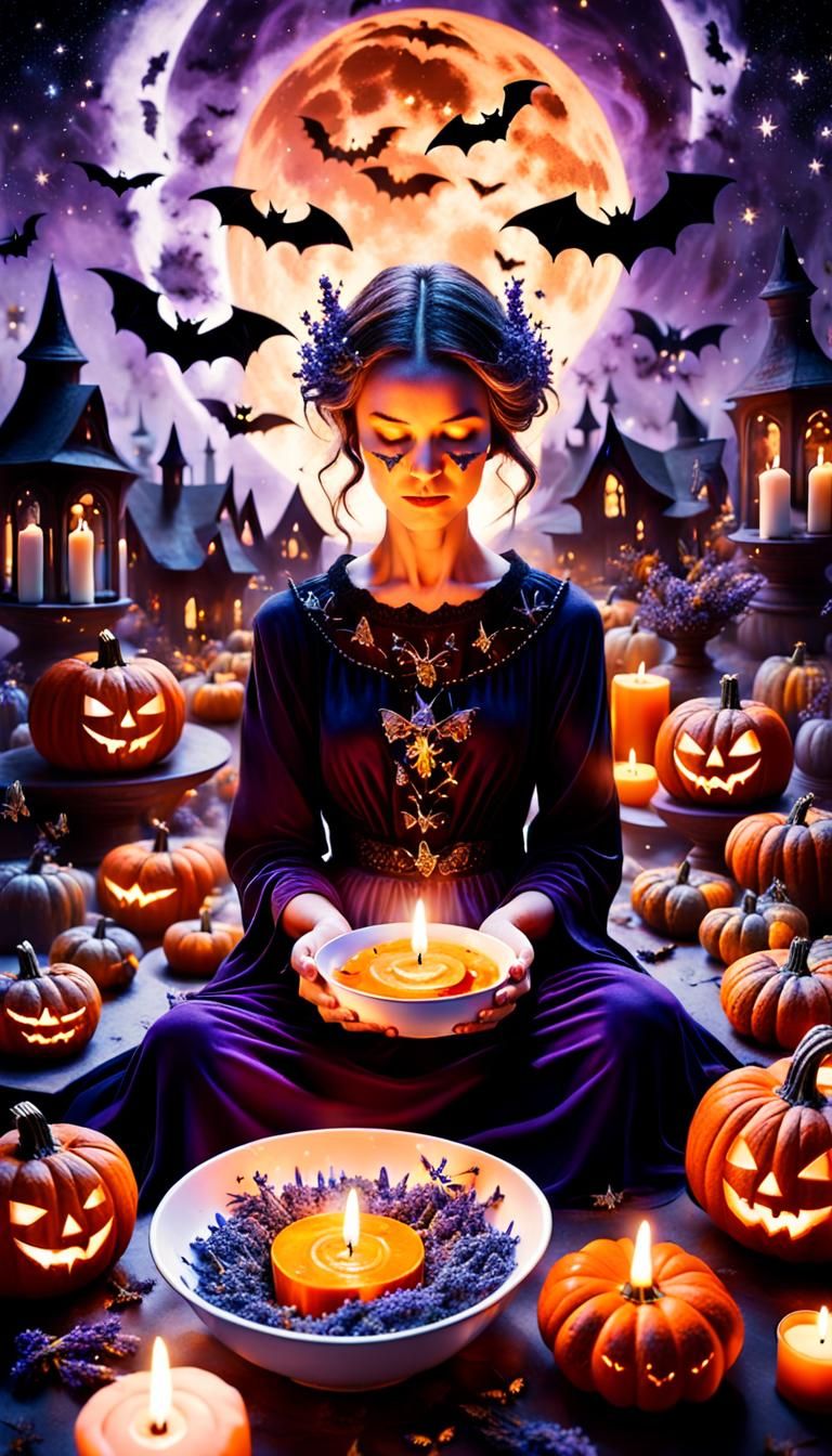 Surreal Samhain Scene with Woman, Candles and Pumpkins