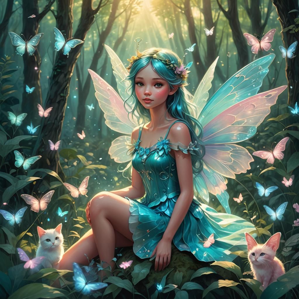 Turquoise Fairy and Winged Cat in Forest