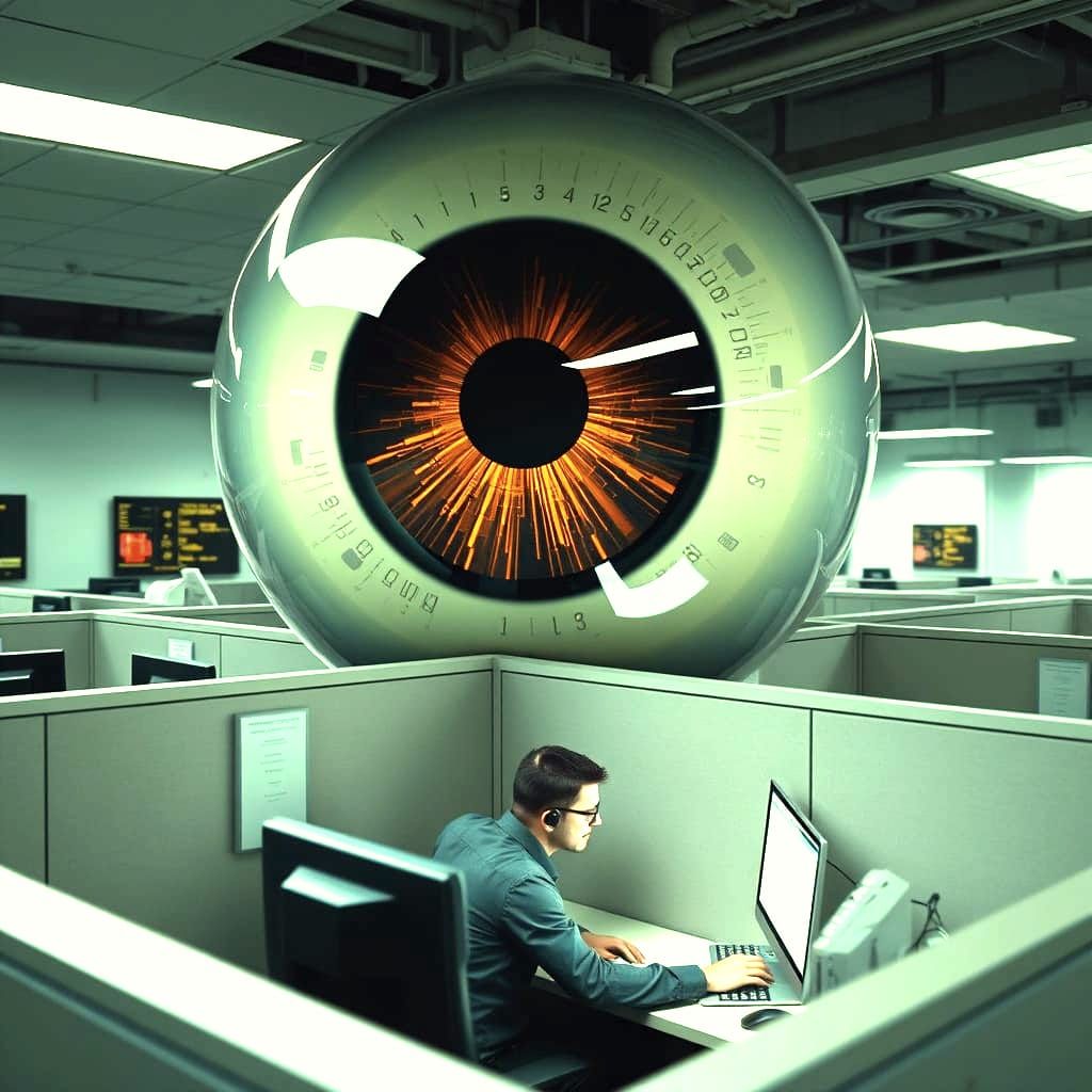 A Hyperrealist Scene of a Watched Office Worker