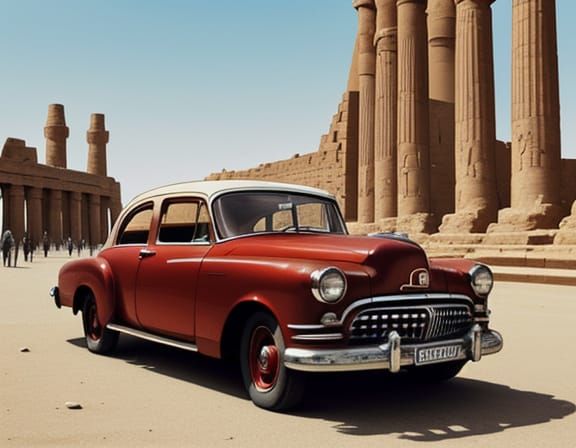 Vintage Red Car at Luxor Temple Oil Painting