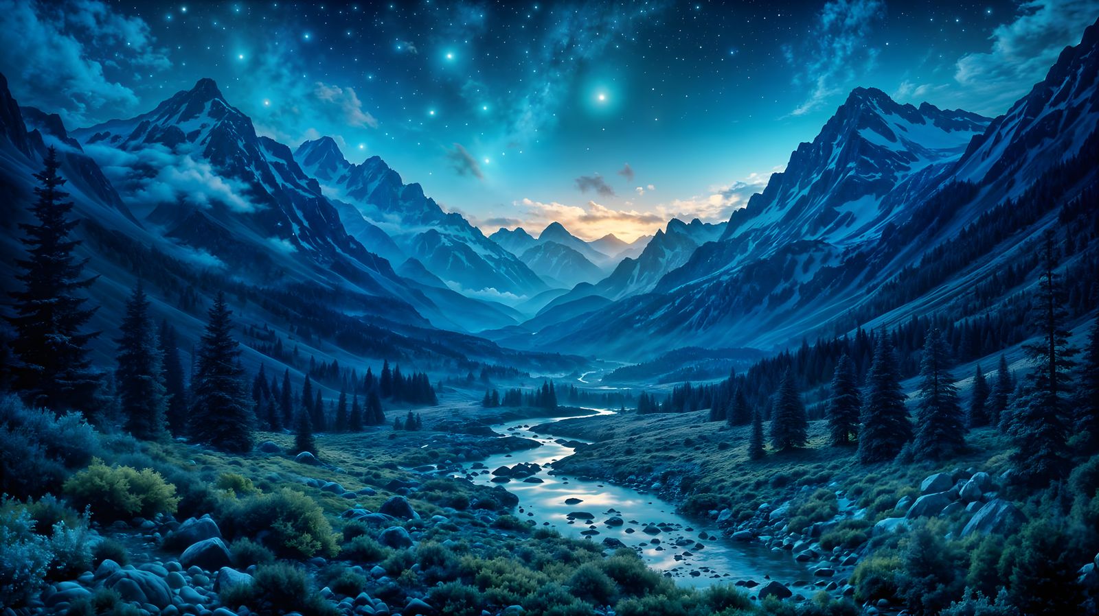 Dramatic Alpine Valley Under Starry Night Sky