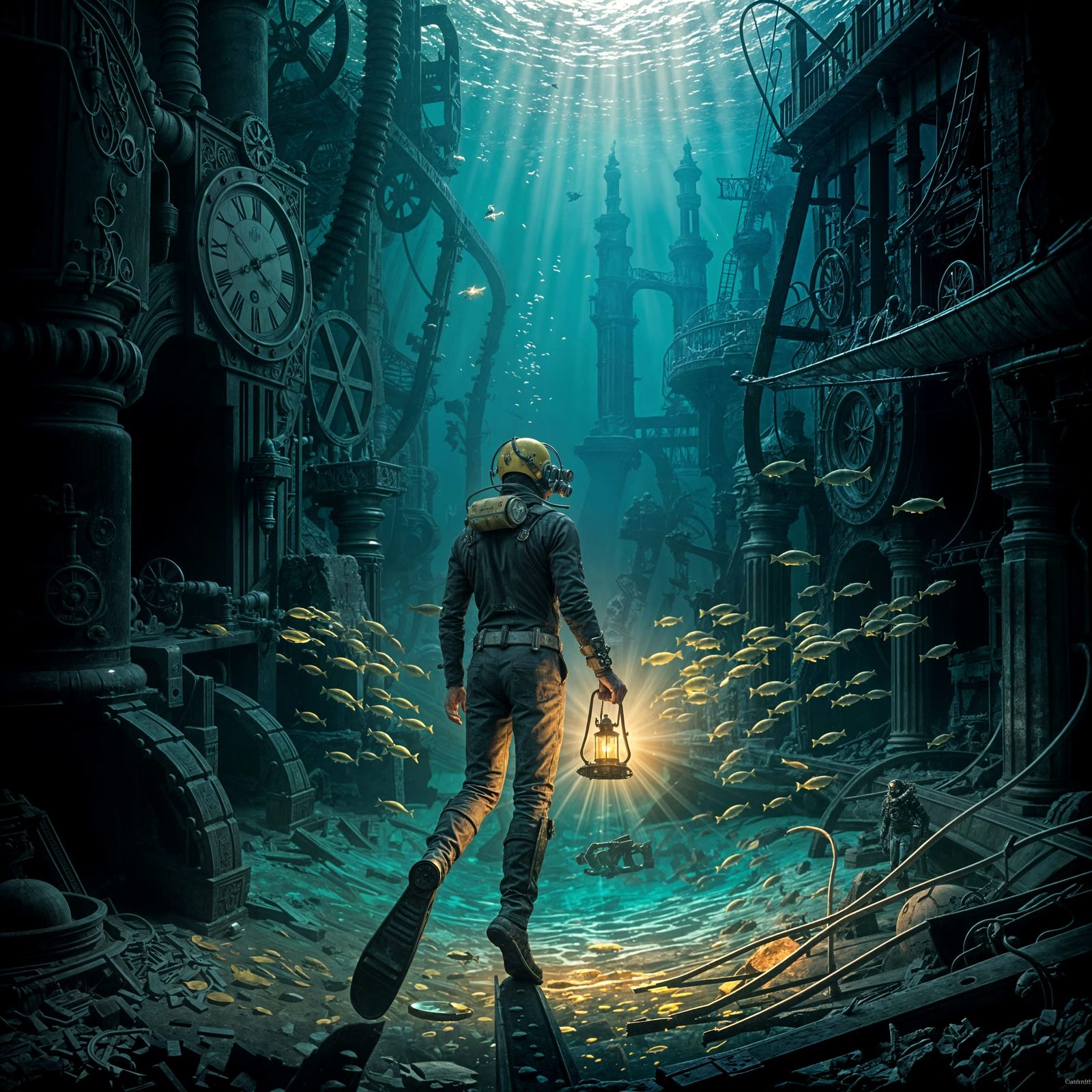 Steampunk Diver Explores Sunken City Ruins