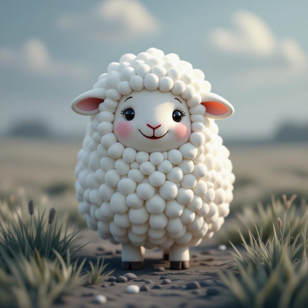 Fluffy Marshmallow Sheep on Gray Prairie