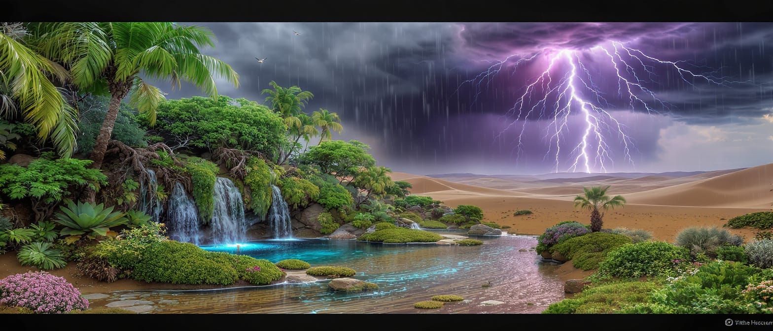 Lush Desert Oasis Amidst Scorching Wasteland and Storm