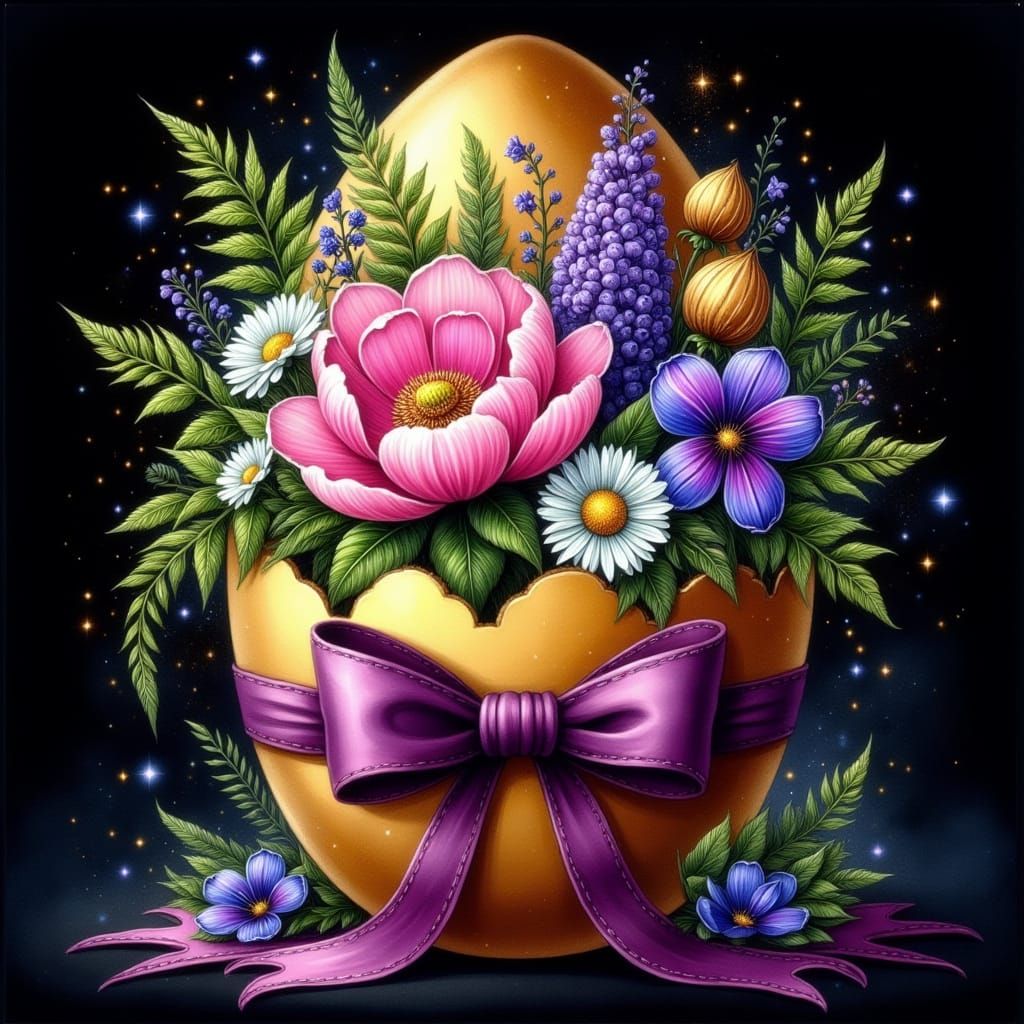 Vibrant Floral Bouquet in Golden Egg with Purple Ribbon