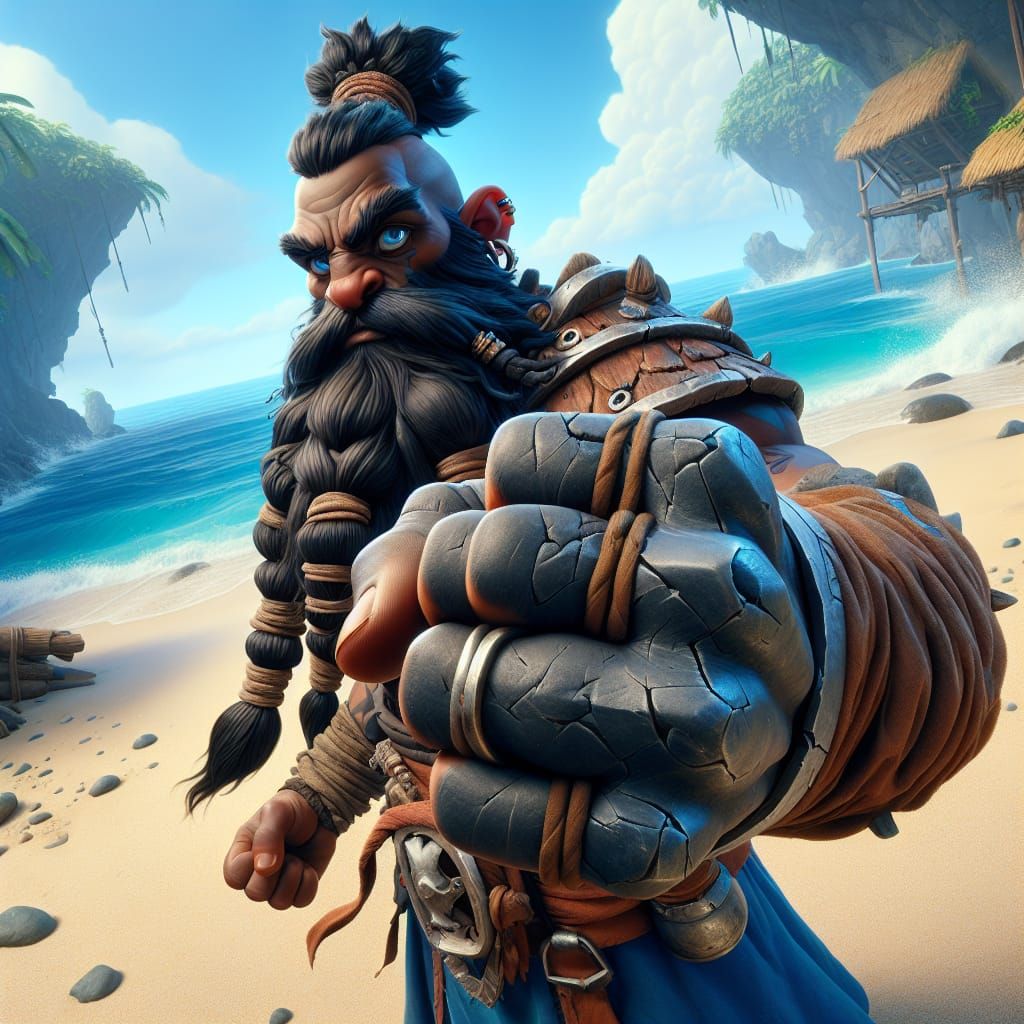 Dwarf Monk Ready for Battle on Tropical Beach