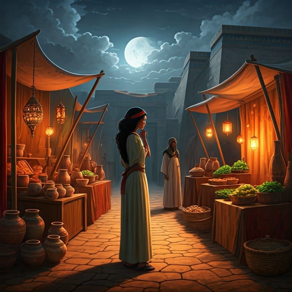 Ancient Market Scene in Cyberpunk Style