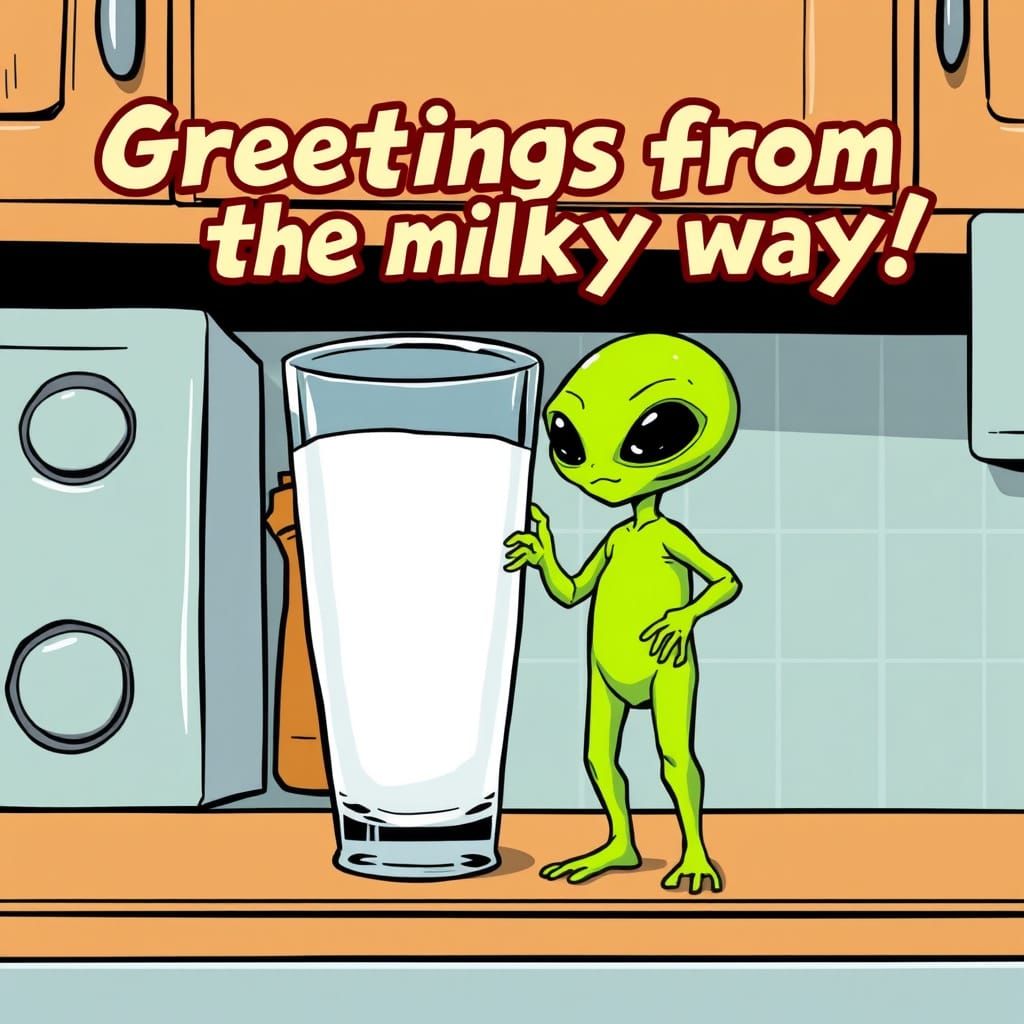 Miniature Alien on Kitchen Counter, Comic Style