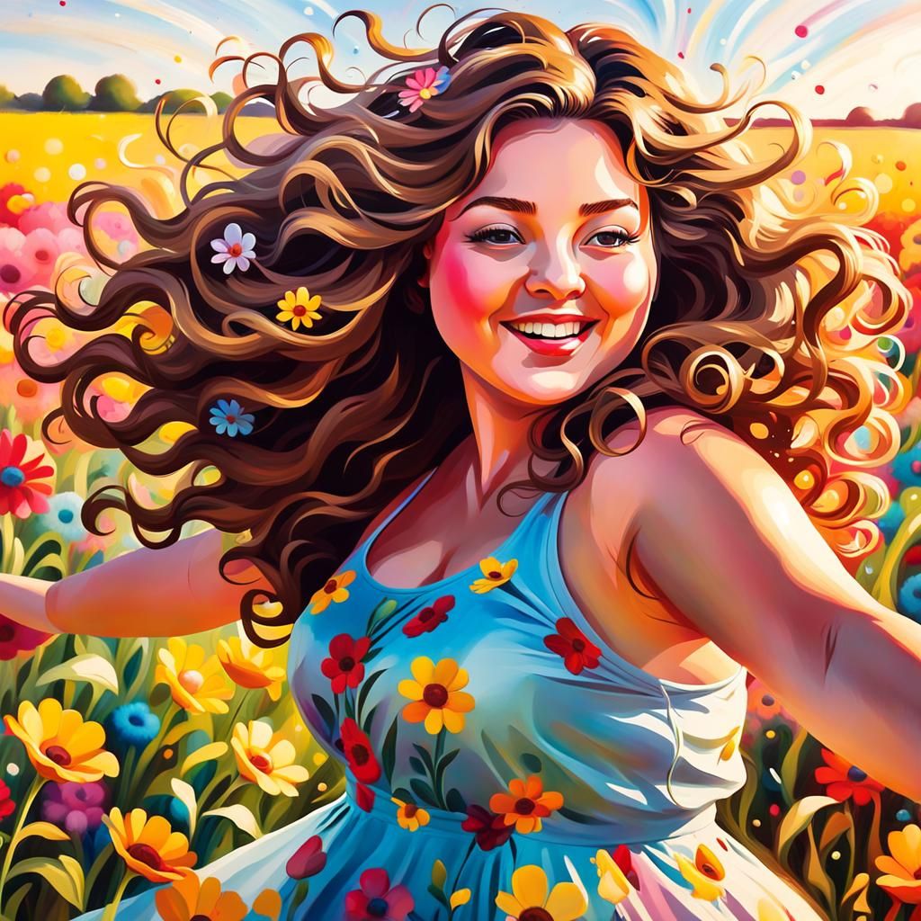 Joyful Woman Dancing in Flower Field: Surreal Graffiti Art