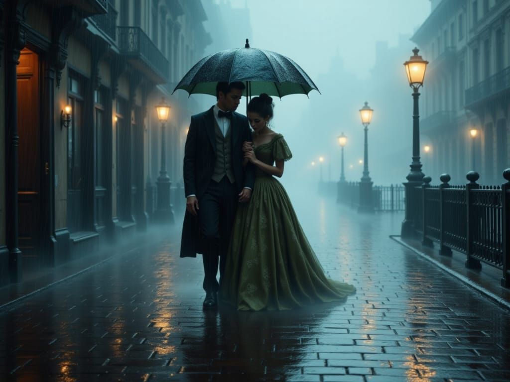 Victorian Couple in Misty Rain, Opulent Melancholy