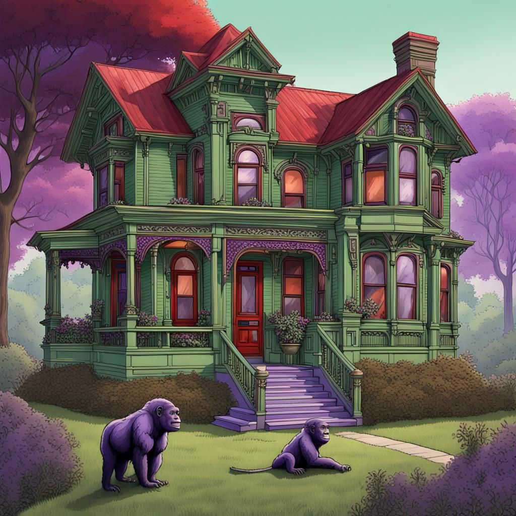 Anime Victorian House with Animals Mowing Lawn