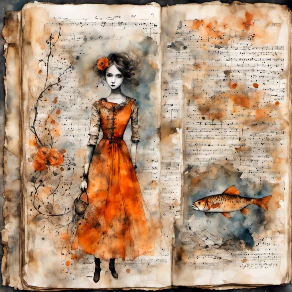 Art Journal Page with Watercolor Fish and Ephemera