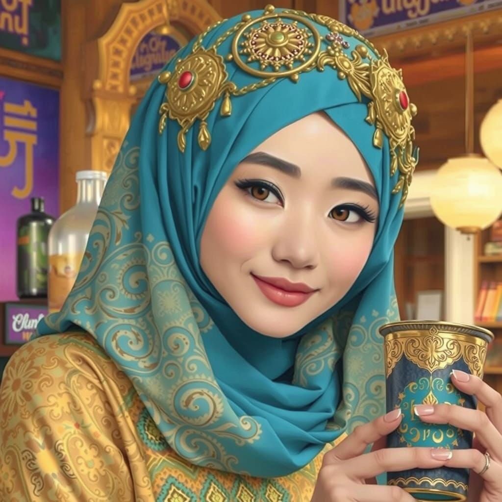 A beautiful serene Sundanese-Chinese young woman in a hijab at afe shop.
