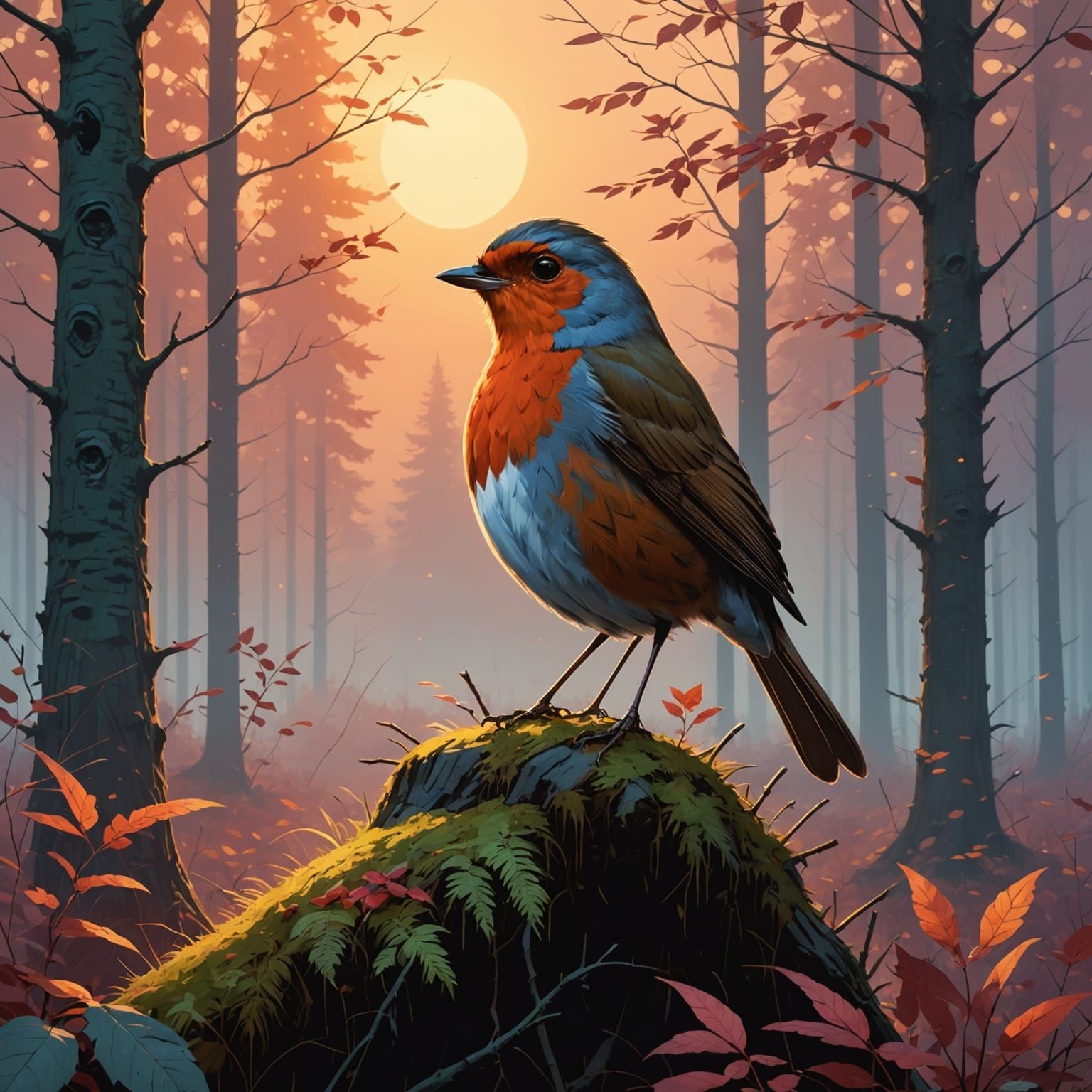 Robin Redbreast in Misty Forest, Shimmering Plumage