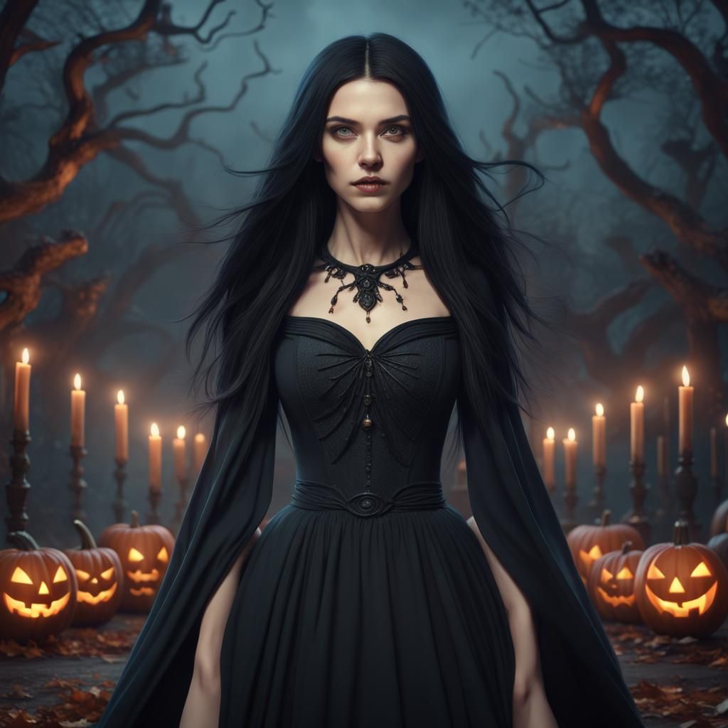 Young Witch in Black Dress: Fantasy Art