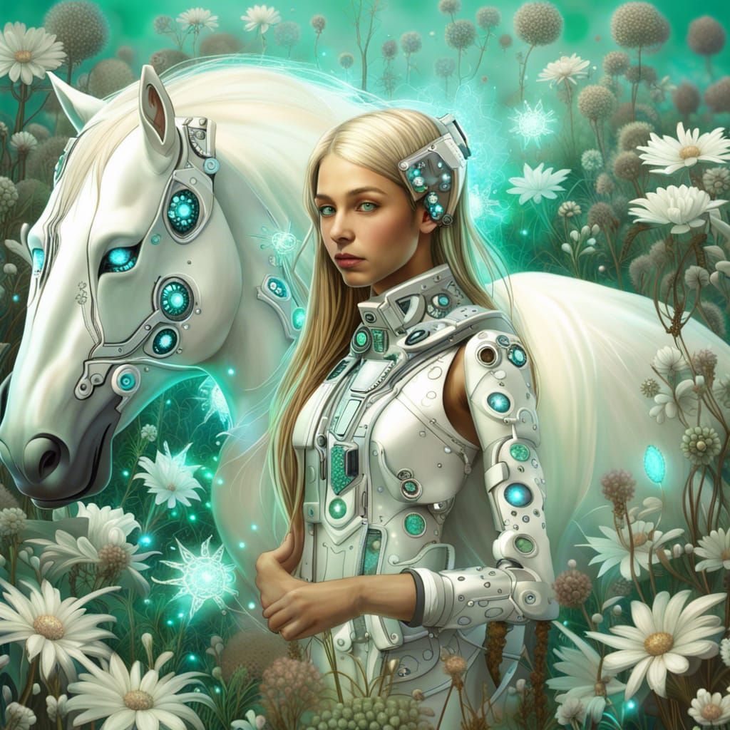 Teenager with Robot Horse in Cyberpunk Style