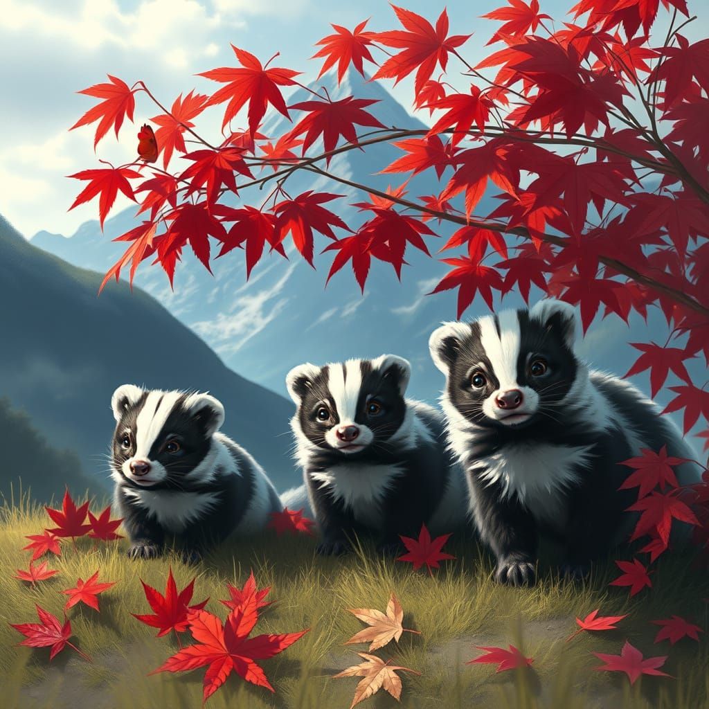 Family of Skunks Amidst Autumn Leaves in Dreamlike Landscape