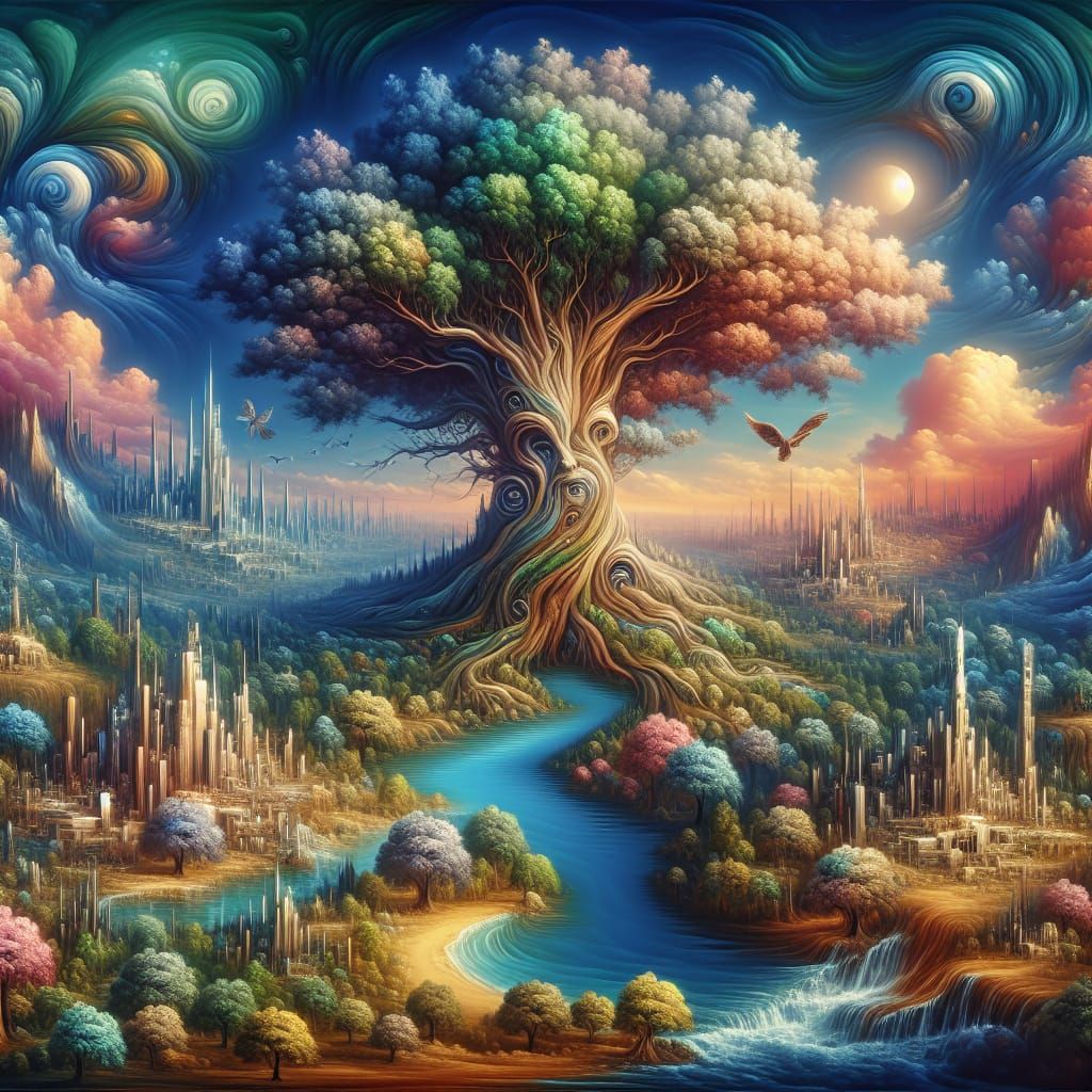 City Tree Rising from Ocean in Surreal Style