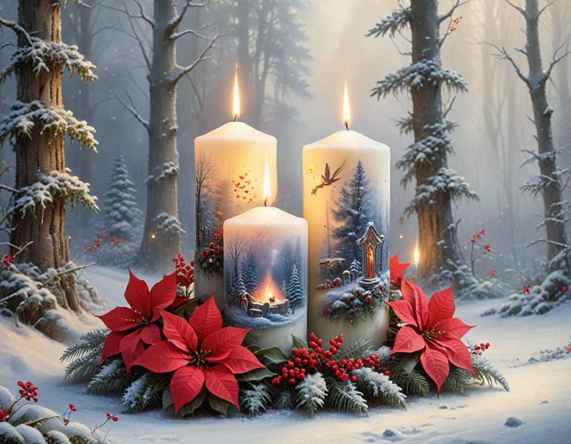 Candles and Nativity Scene in Snowy Forest Clearing