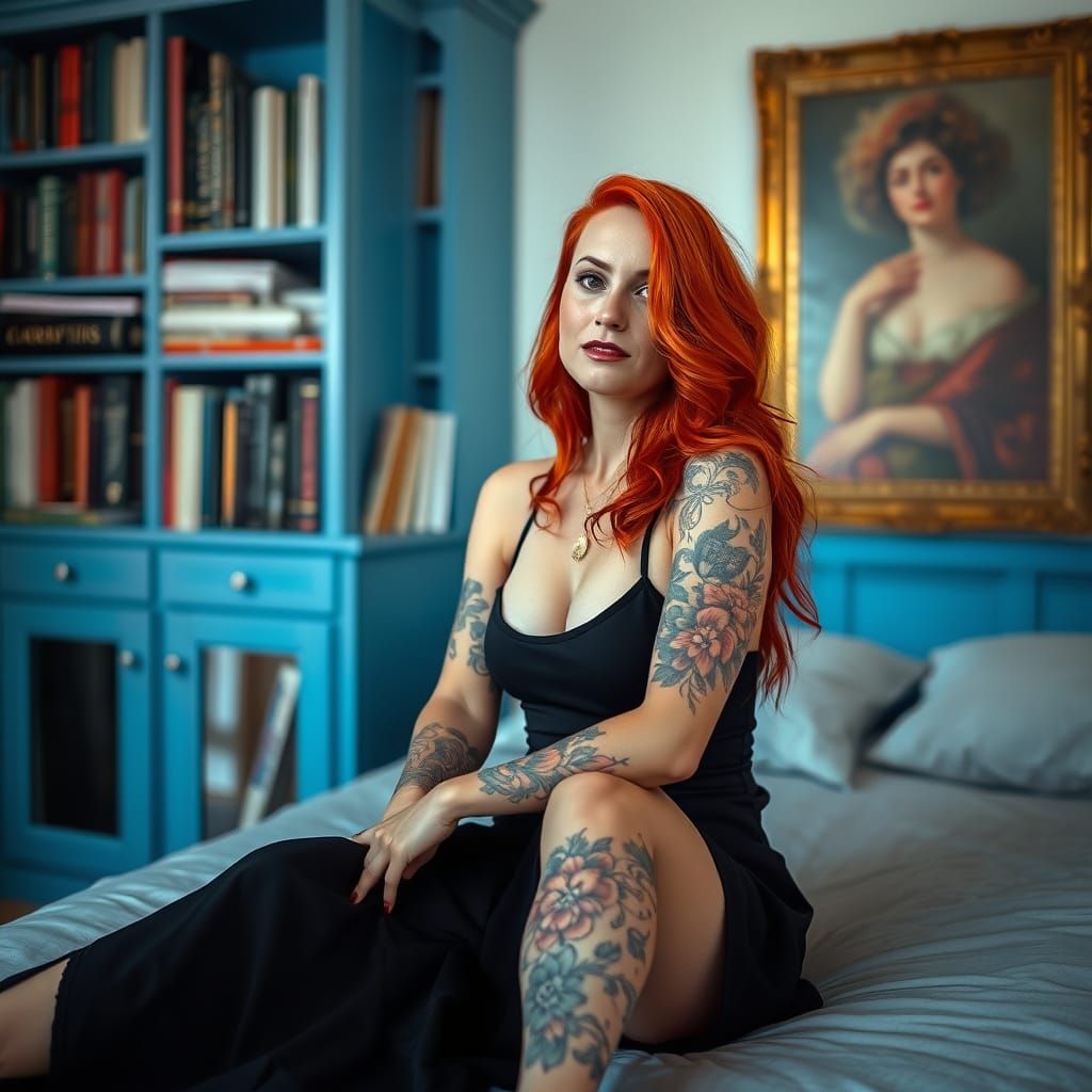 Woman in Red Hair Adorned with Floral Tattoos in a Serene Ro...