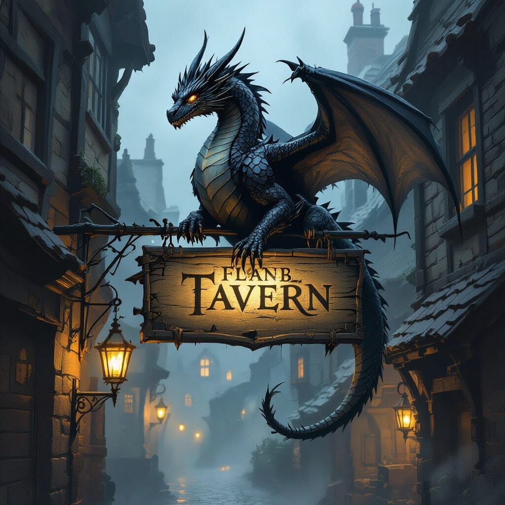 Obsidian Dragon on Tavern Sign in Misty Alleyway