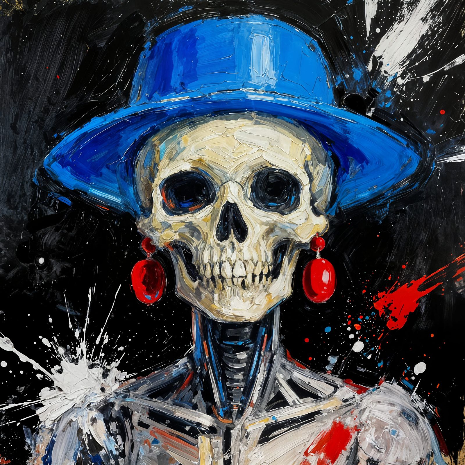 Retro Futurism Halloween Skull with Blue Hat and Red Earring...