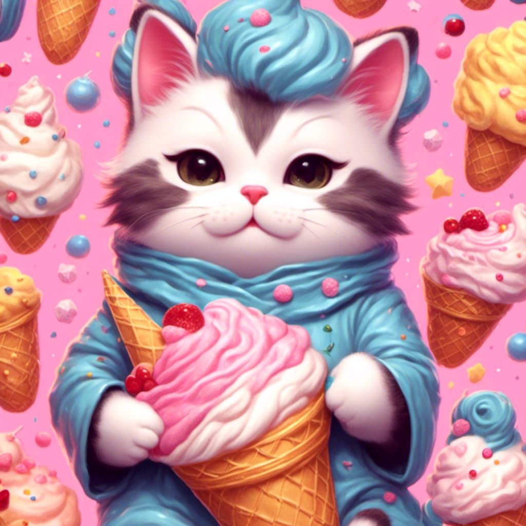 Chonky Kitty Enjoys Ice Cream in Kawaii Style
