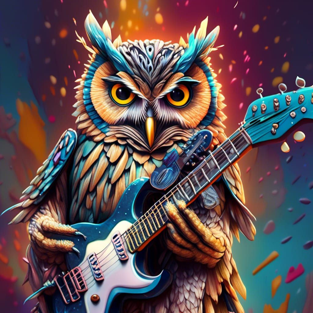 Punk Rock Owl Guitarist in Splash Art Style