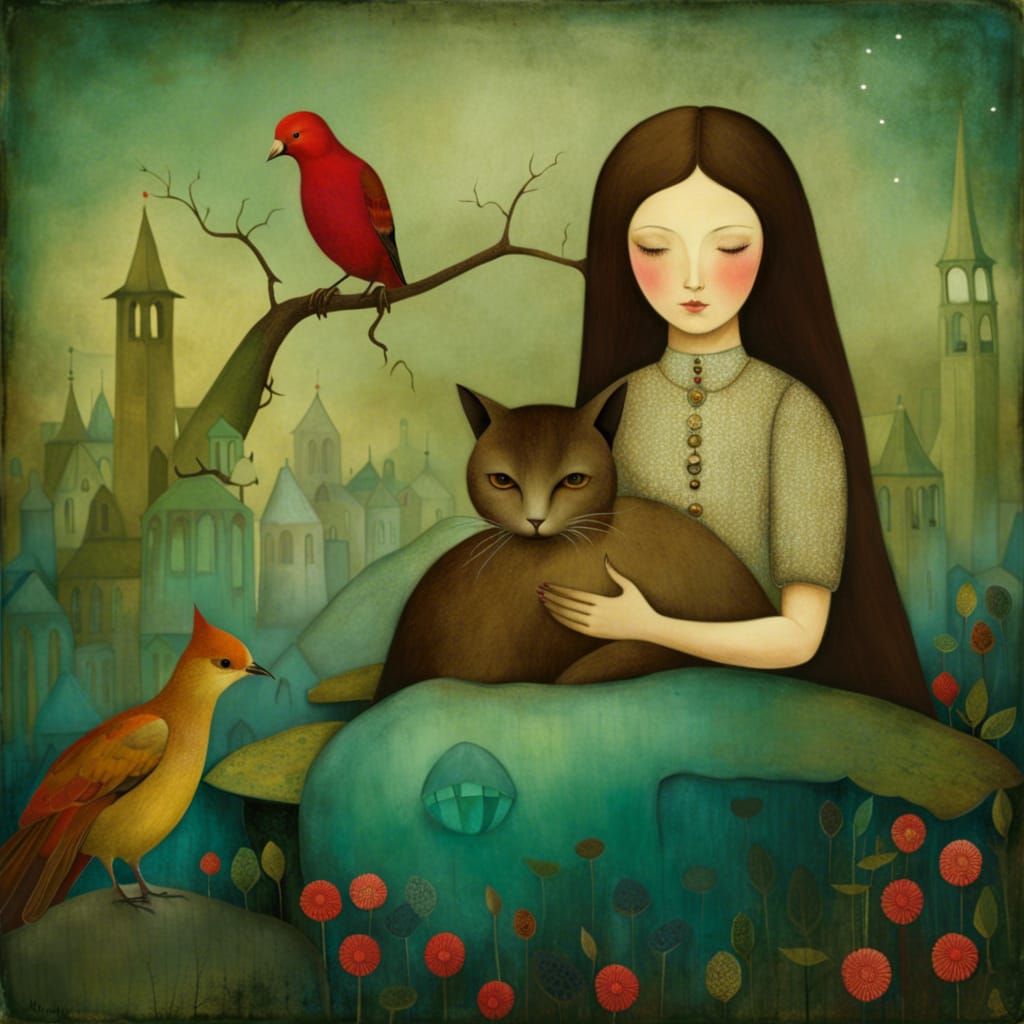 Dreamlike Refuge Scene in Surrealist Style