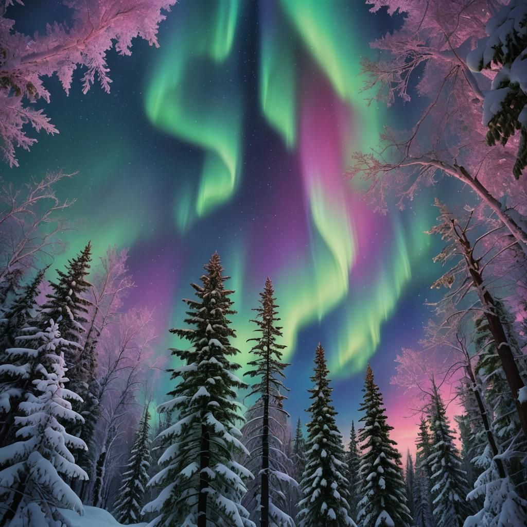 Enchanting Northern Lights Dance Across Snowy Forest